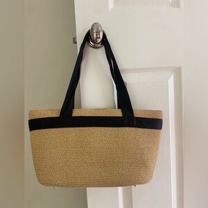 Talbots Straw Tote Bag with Black Ribbon Trim and Handles